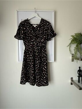 Black Floral Short Sleeve Fit-and-Flare Dress